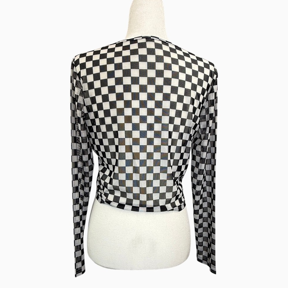 Women's L Black White Checkerboard Sheer Mesh Long Sleeve Crop Top Y2K - Picture 3 of 5